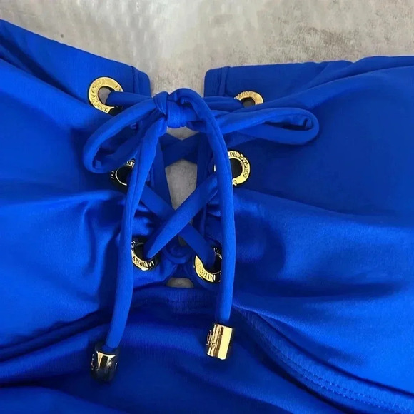 Ralph Lauren Royal Blue Lace-Up Bandeau Tummy-Control One-Piece Swimsuit Size 12 - Picture 10 of 11